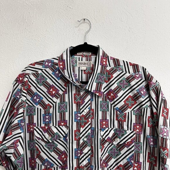 Vintage Sheplers Brush popperPearl Snap Western Aztec Shirt Short Sleeve Size XL - Picture 2 of 8